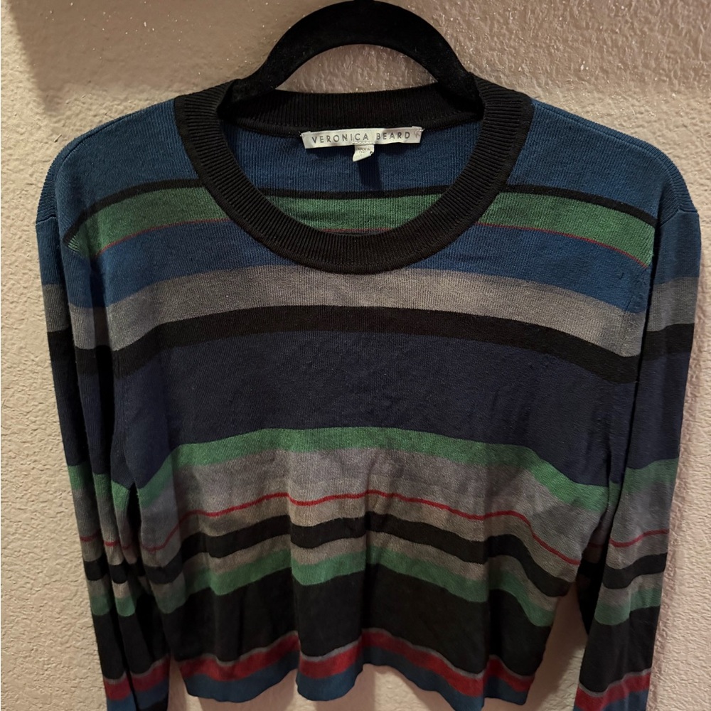 Veronica Beard Striped Crewneck Knit Sweater | Size L | Multicolor Long Sleeve